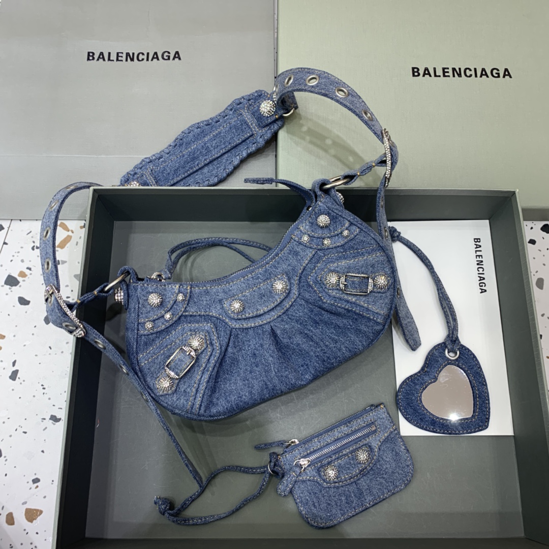 Balenciaga Le Cagole XS Shoulder Bag in Denim With Rhinestones 